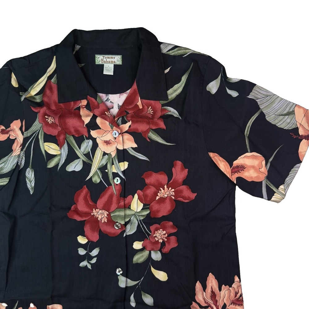 Tommy Bahama Silk Floral Button Up Blouse Womens S Black Tropical Short Sleeve